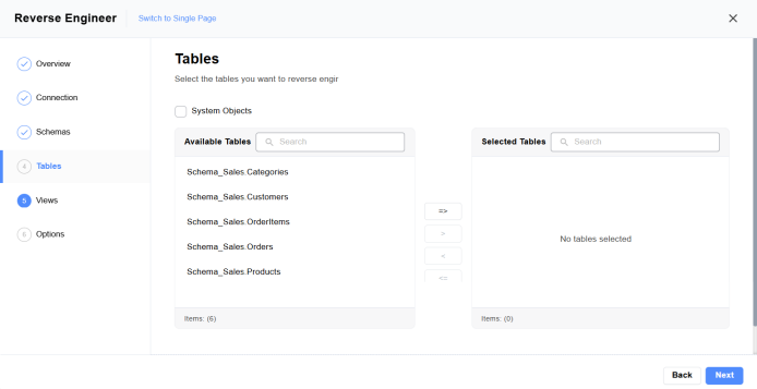 Available tables list in Quest Data Modeler Reverse Engineer Wizard