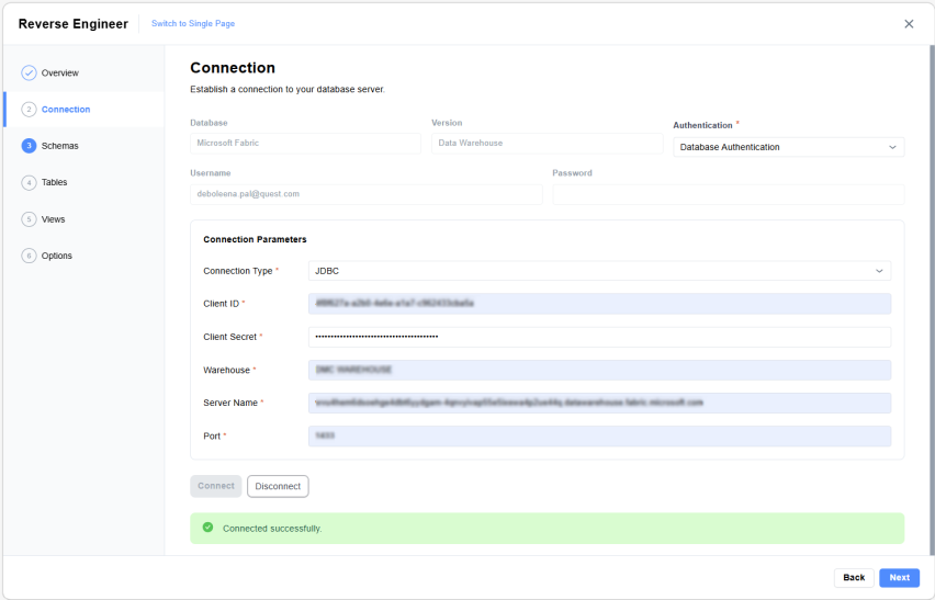 Reverse Engineer Connection page in Quest Data Modeler app