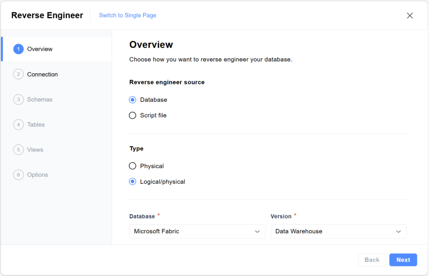 Reverse Engineer Overview page in Quest Data Modeler