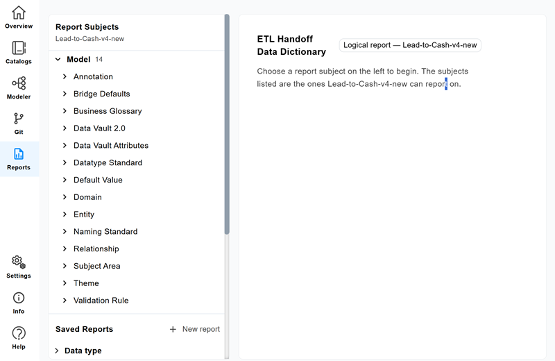 Report page for the ETL Handoff Data Dictionary logical report, with the Report Subjects pane listing the subjects available for the Lead-to-Cash-v4-new model