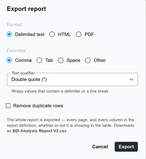 Export report dialog with Delimited text selected, showing the Delimiter, Text qualifier, and Remove duplicate rows options