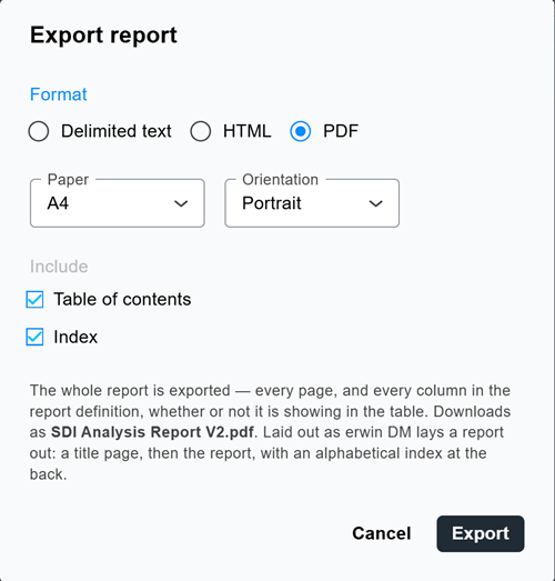Export report dialog with PDF selected, showing the Paper, Orientation, and Include Table of contents and Index options