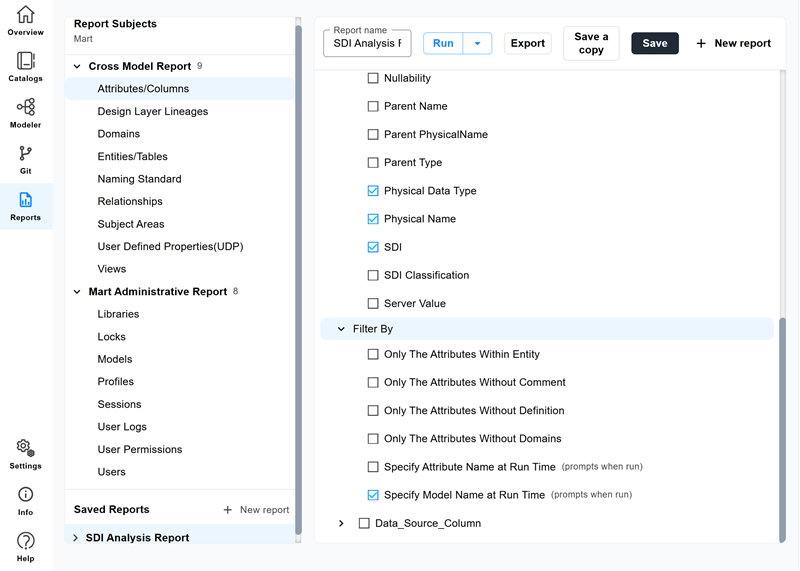 Filter By section of the report designer showing filter options including Specify Model Name at Run Time