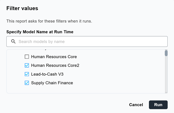 Filter Values dialog prompting for the Specify Model Name at Run Time filter with models to select before running the report