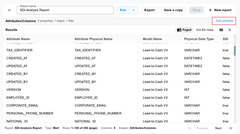 An opened report on the Reports page with the Edit selection option highlighted at the top of the Results pane