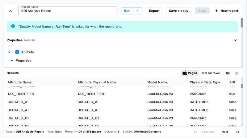 Report editing view showing the expandable Properties pane above the Results pane after selecting Edit selection