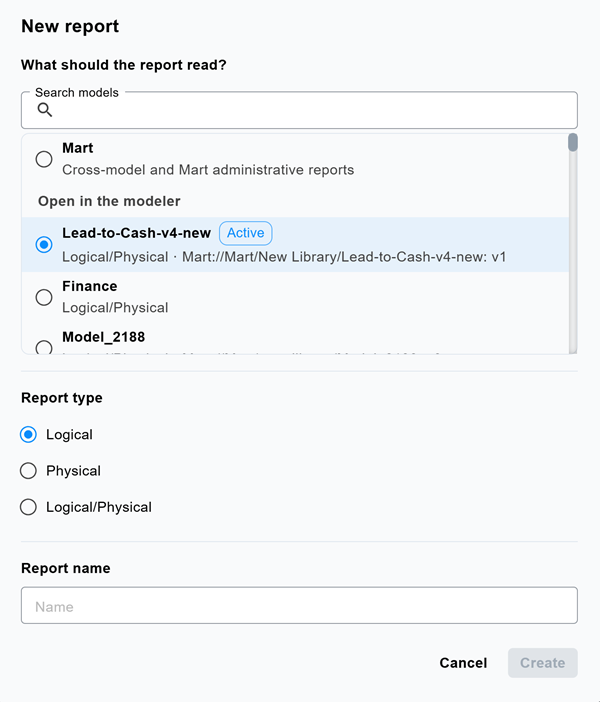 New report dialog with the Lead-to-Cash-v4-new model selected under Open in the modeler and the Logical report type selected
