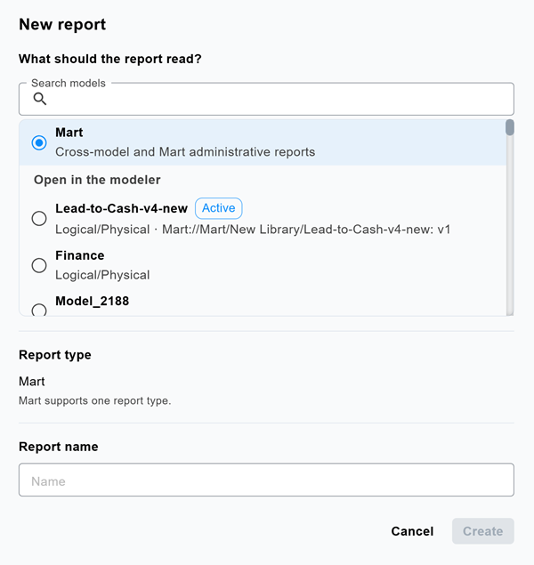 New report dialog showing model search and selection, Logical, Physical, and Logical/Physical report types, and the Report name field