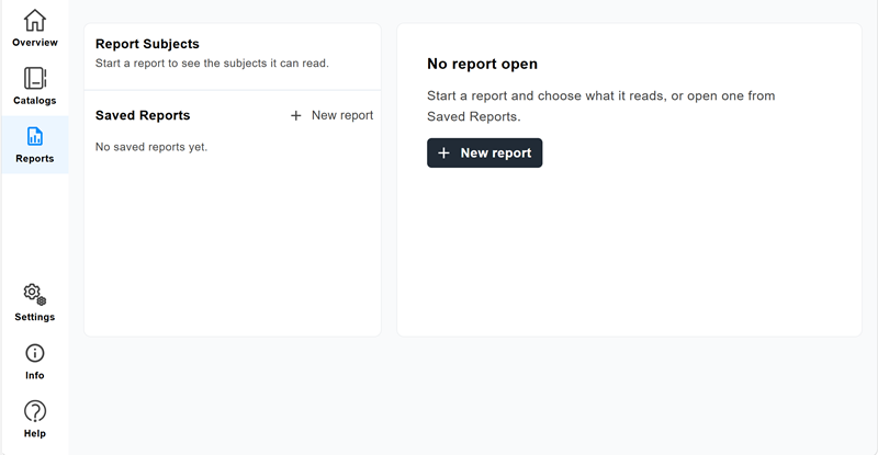 Reports page in Quest Data Modeler showing the empty Report subjects and Saved reports areas