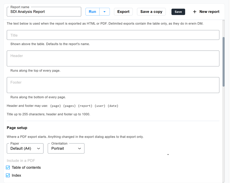 Page setup section showing the Paper, Orientation, Table of contents, and Index options for a PDF export