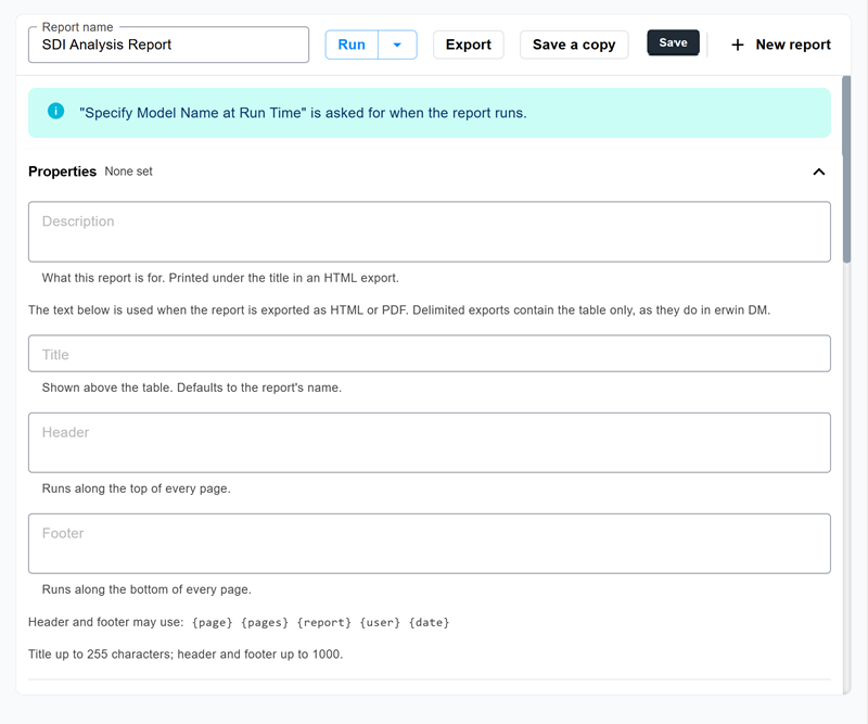 Setup and Other Properties pane showing the Description, Title, Header, and Footer fields