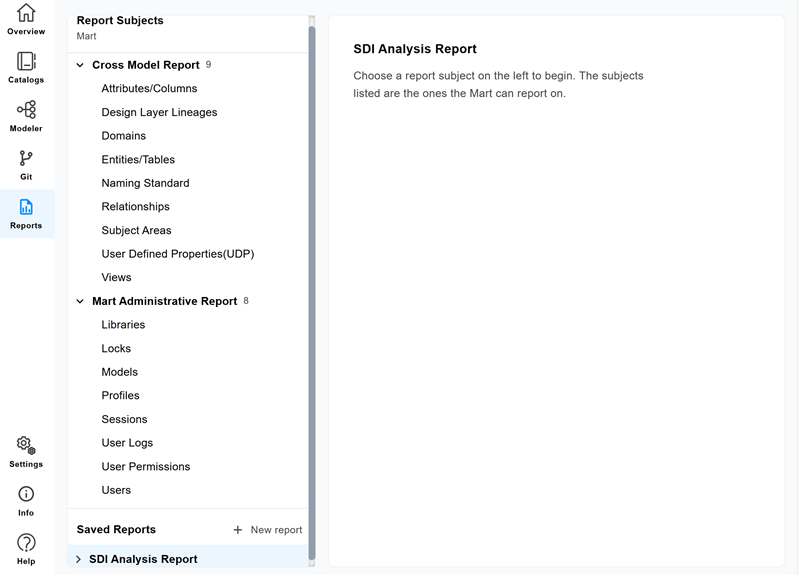 Report subjects pane listing the Cross Model Report and Mart Administrative Report subjects to choose from