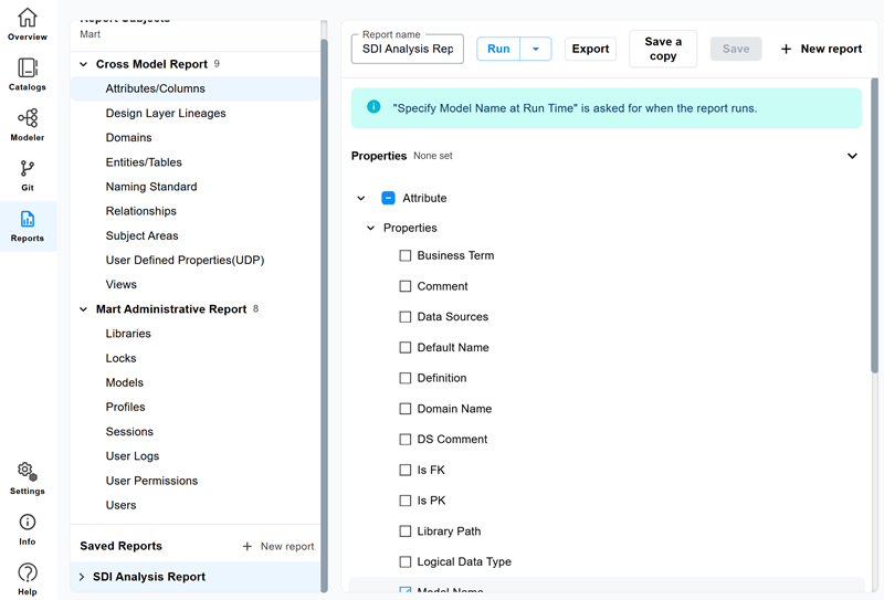 Report designer with the Run button and a banner noting that Specify Model Name at Run Time is asked for when the report runs