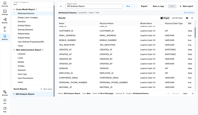 Results pane showing the generated report rows with the status bar displaying the report name, type, rows, columns, and subject