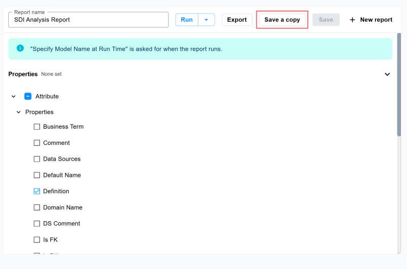 An opened report with the Save a copy option highlighted in the toolbar