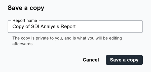 Save a copy dialog with the Report name field prefilled as Copy of SDI Analysis Report and the Cancel and Save a copy buttons