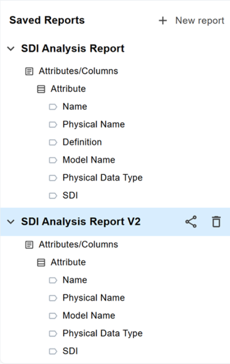 Saved Reports section with a report selected, showing the share and delete icons next to the report name