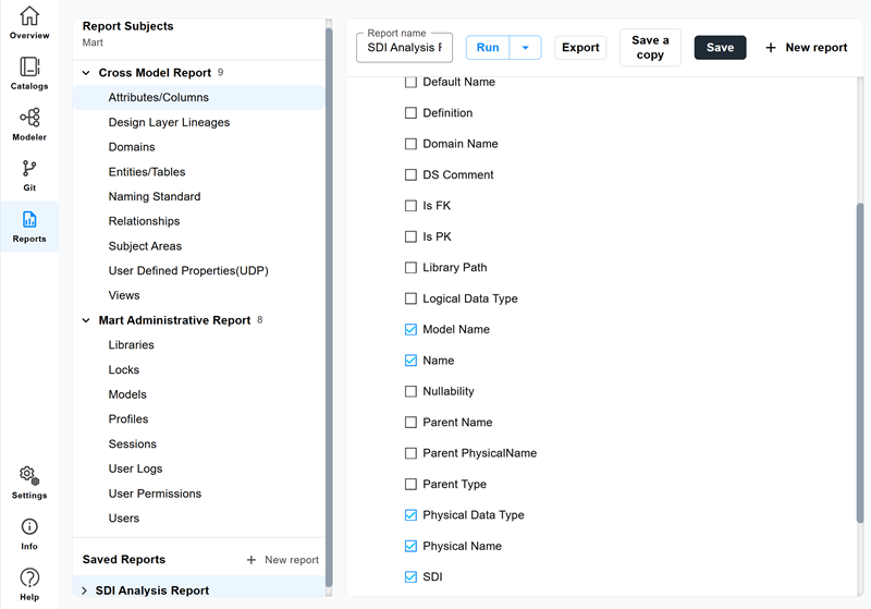 Report designer with the Attributes/Columns subject selected and its available properties shown as check boxes