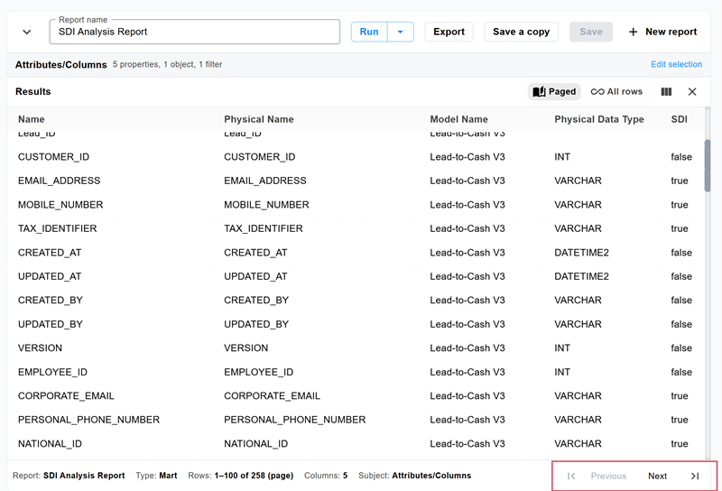 Results pane in Paged view with the Previous and Next navigation controls highlighted at the bottom of the pane