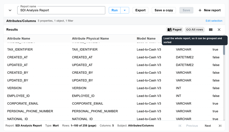 Results pane with the Paged and All rows options, showing the tooltip that explains All rows loads the whole report so it can be grouped and sorted