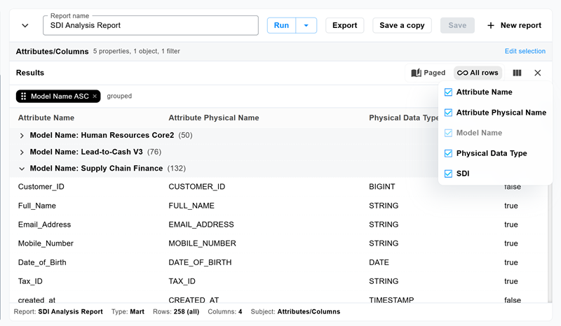 Results pane with the columns menu open, showing check boxes to show or hide the Attribute Name, Attribute Physical Name, Model Name, Physical Data Type, and SDI columns