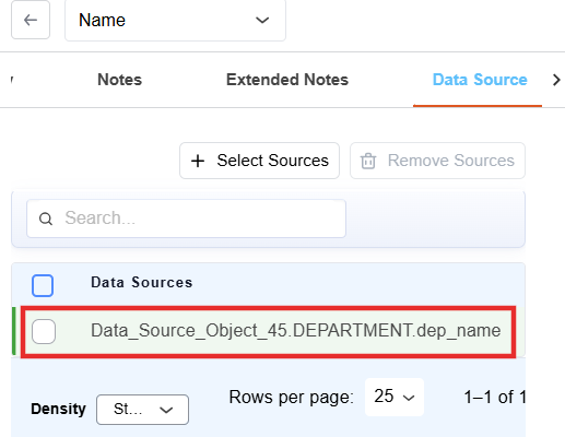 Data Source tab showing the selected dep_name source under Data Sources