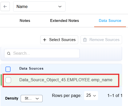 Data Source tab showing the selected emp_name source under Data Sources