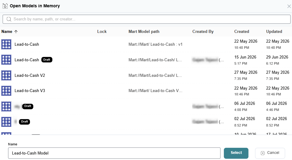 Draft models loaded from file, database, and Mart available for reuse