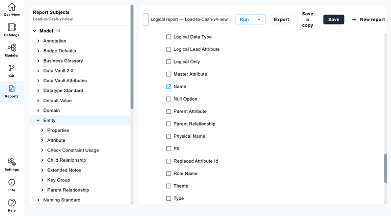Entity properties list with Name selected
