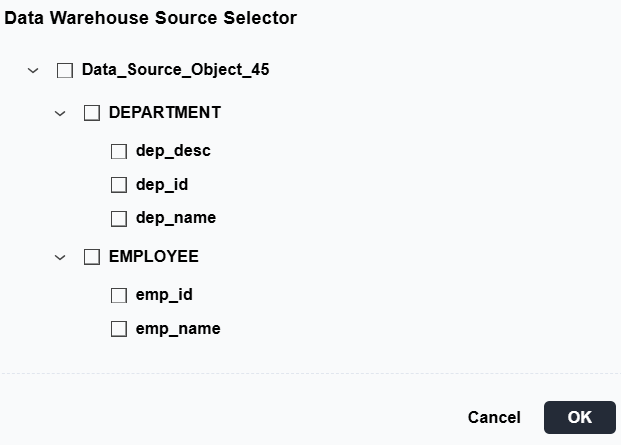 Data Warehouse Source Selector listing the imported source tables and columns