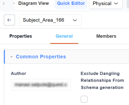 Subject Area Quick Editor showing the General tab with Common Properties, including Author field and option to exclude dangling relationships from schema generation.