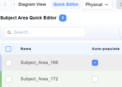 Subject Area Quick Editor displaying a list of subject areas (Subject_Area_166 and Subject_Area_172) with an Auto-populate column and checkboxes to enable or disable the setting.