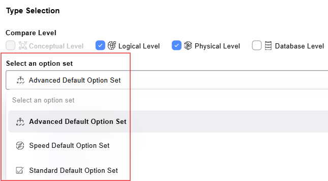 Type Selection dialog with compare levels and option set selected.