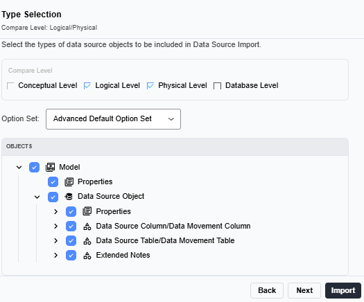 Type Selection page with the Logical and Physical compare levels and the Advanced Default Option Set selected by default.