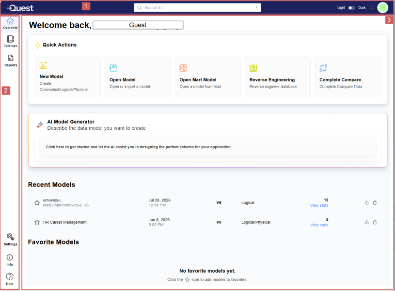 Quest Data Modeler Welcome Screen