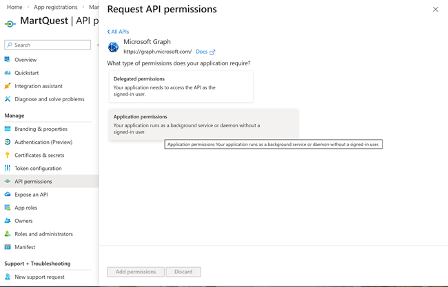 Request API Permissions page displaying Application permissions