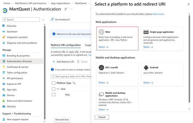 Select a platform to add redirect URI page