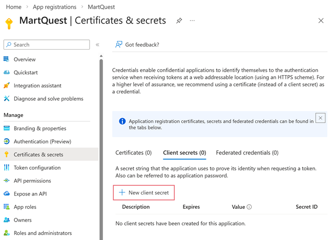 Certificates and secrets page