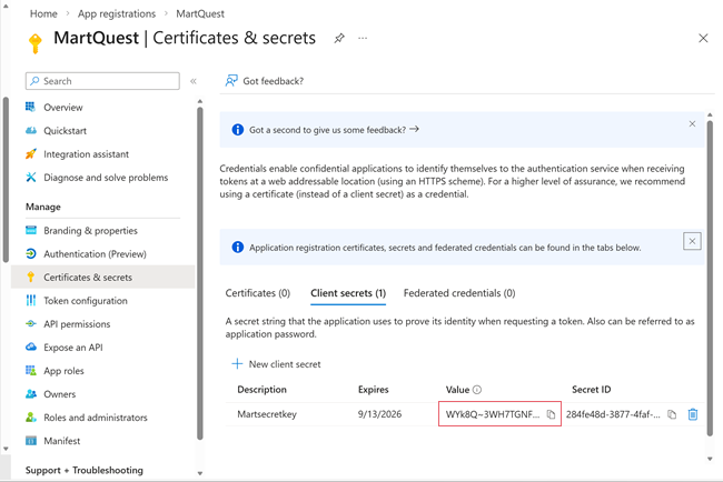 Certificates and secrets page displaying the client secret value 
