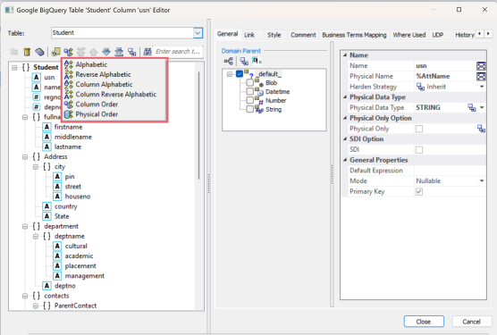 Gbq Column Properties Sort