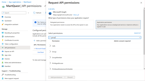 Request API permissions page adding group permissions