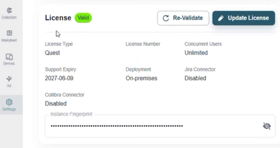 ER360 Settings page with the focus on license section
