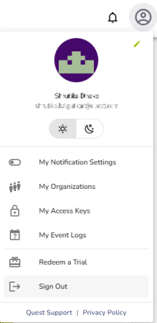 Quest Licensing Portal account menu