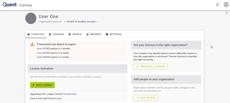 Quest Licensing Portal overview page