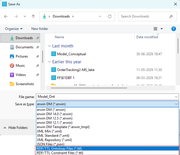 TTL file options available in the Save As dialog