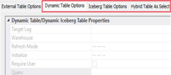 Snowflake Table Type Properties Tab