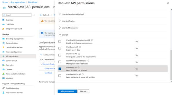 Request API permissions page adding user permissions